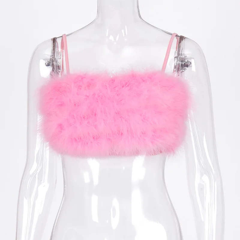 

Echoine Fur Faxu Fleece Strap Spaghetti Crop Tank Top Pink Sexy Streetwear Ladies Sleeveless Short Top