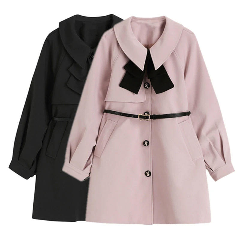

Pink Frocks For Women British Style Spring Autumn Bowknot Tie Waist Trench Coat Black Dress Single-breasted Female Blouse Skirt