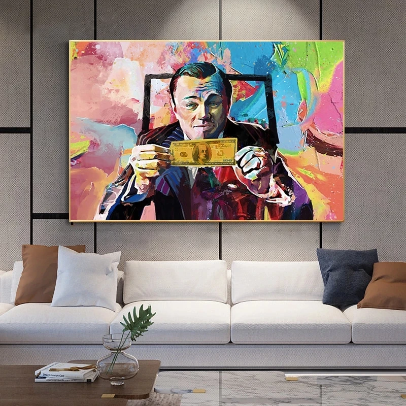 

Canvas Art Wolf Of Wall Street Wall Graffiti Leonardo DiCaprio Money Portrait Talks Pop Art Wall Street printed painting