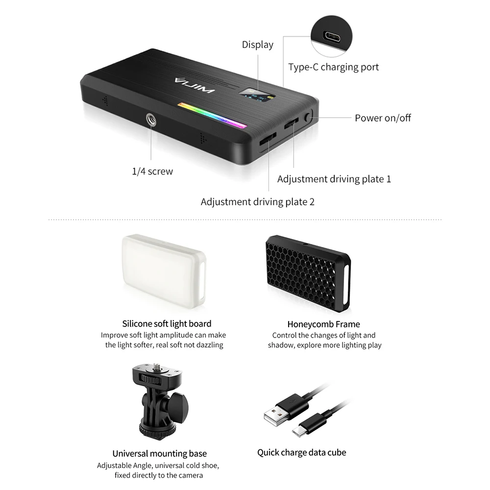 

Pocket RGB Video LED Light Photography Fill Light 2500K-9000K Dimmable CRI 95+20 Lighting Effects Built-in Rechargeable Battery