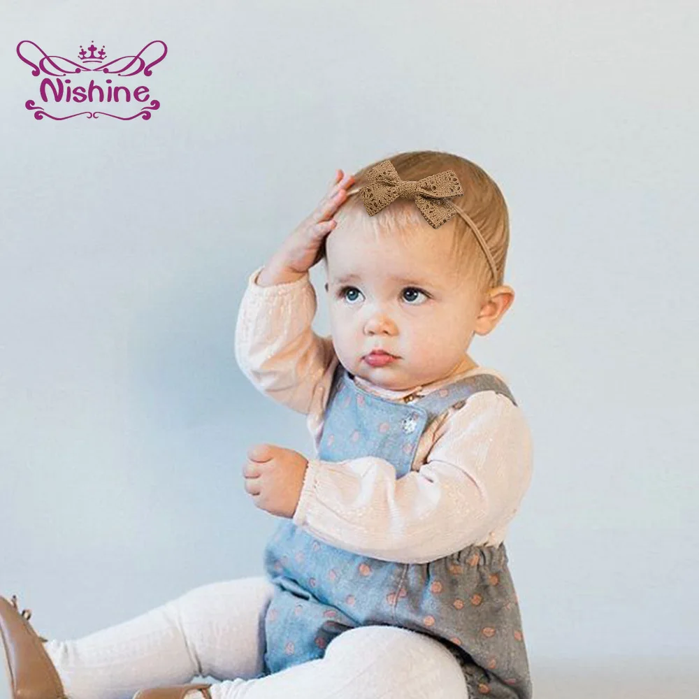

Nishine Fashion Handmade Bowknot Elastic Traceless Hairband Infant Solid Color Knitting Wool Bows Headband Kids Hair Accessories