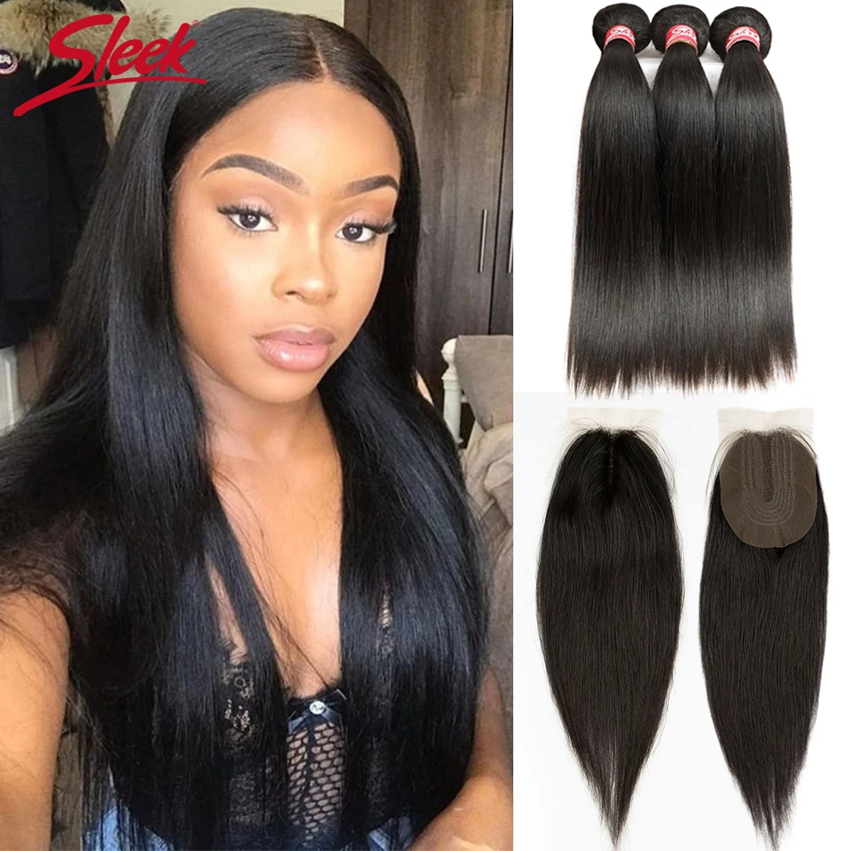 Sleek Brazilian Straight Hair Bundles With Closure Natural Color Weave Remy Human 3 2x4 Lace | Шиньоны и парики