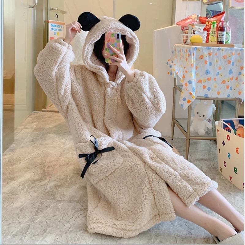 

Pajamas women winter lamb velvet longsleeved loose hooded long bathrobe sweet and cute thick coral velvet nightgown home service