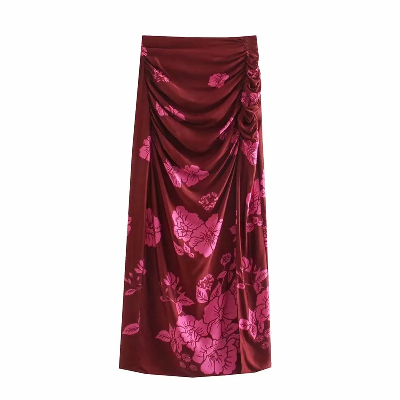 

Женская драпированная Юбка-миди Za, винтажная юбка с высокой талией и цветочным принтом, присборенная, с молнией сзади и рюшами, лето 2021