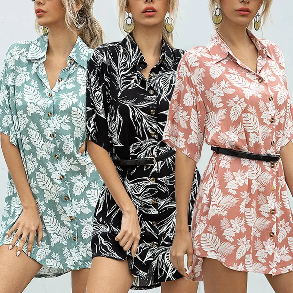 

Summer Floral Women Button up Turndown Collar Short Sleeve Long Shirt Dress Loose Top Bohemia Beach Dresses for female girls
