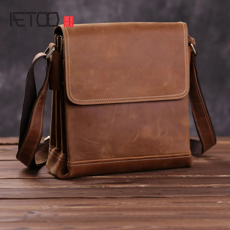 

AETOO Top layer cowhide shoulder bag, crazy horse leather business casual leather men's bag, retro casual messenger bag
