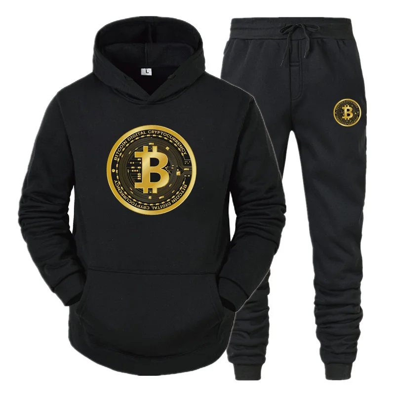 

Bitcoin Brand Hoodie Suit 2021 Brand new Men's and Women's Fashion Fleece Long-Sleeved + Trousers Two-Piece Casual Streetwear