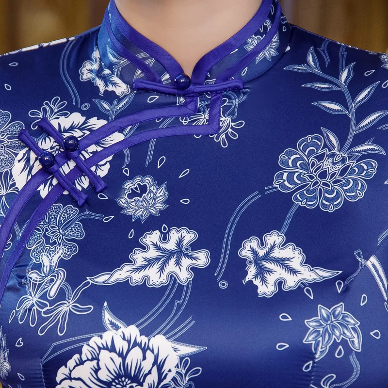 

Blue Flower Print Lady Elegant Long Qipao Summer Short Sleeve Sexy Slim Novelty Cheongsam Vintage Button Trim Chinese Dress