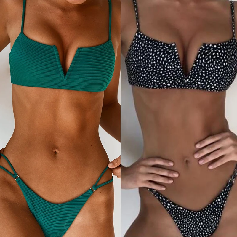 Biquini Low Waist Beach Wear Set 2021 Halter Swimwear Swimming Suit for Women V Type Top Split Swimsuit Thong Bikinis