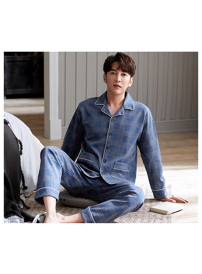 Men Pyjama Set 100% Cotton Spring Long Sleeve Print Men Pajama Suit Autumn Nightwear Collar Pijama Male Sleepwear Two Piece XXXL mens short pjs