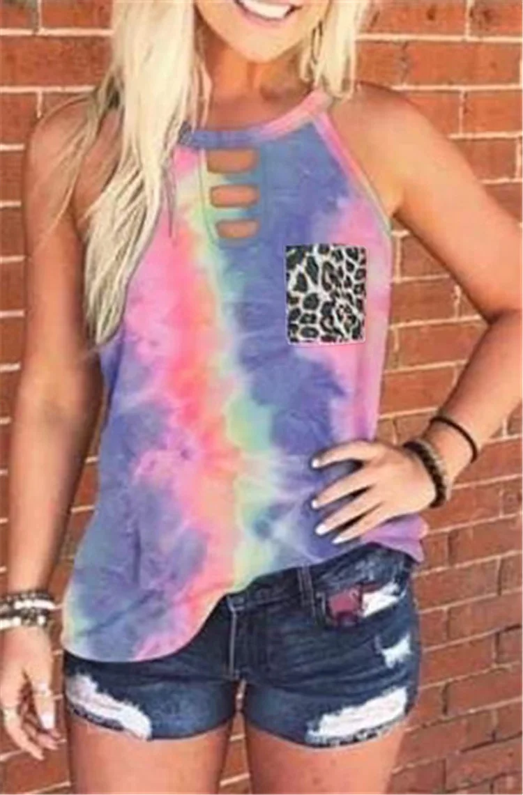 

Top Women's t-shirts spring and summer tra loose OL commuter rainbow color vest harajukuv tie-dye printing fashion woman tshirts