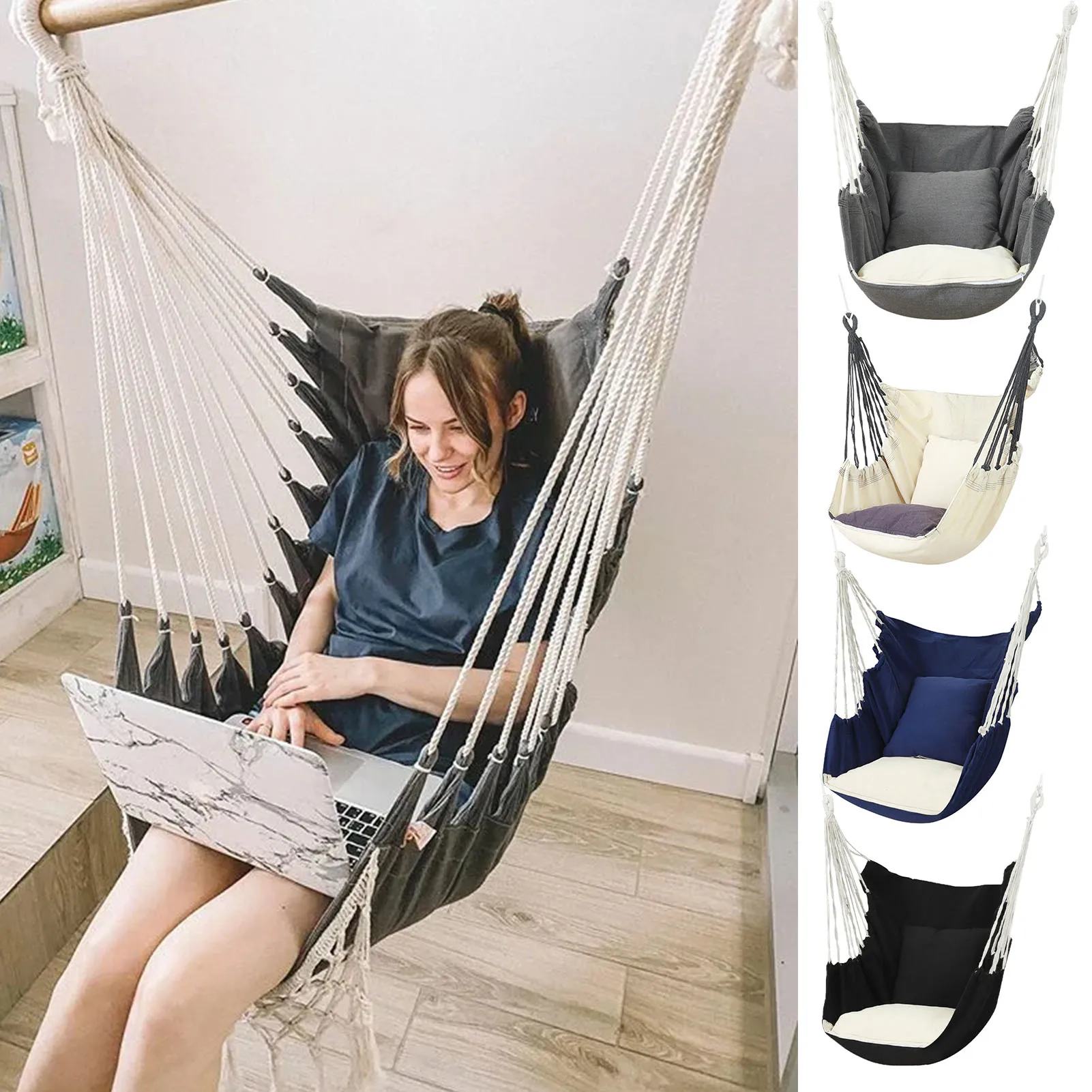 

Student Dormitory Hammock Swing Hanging Rope Chair Thicken Cushion Lifts Lazy Swing Rocking Chair Garden Indoor Outdoor Hammocks