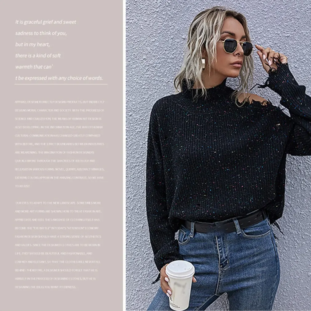 

Disdressed Sweaters Knitted Hole Pullovers Turtleneck Clothes For Women 2020 New Loose Wide Fashion Tops Ladies Ripped Jumpers