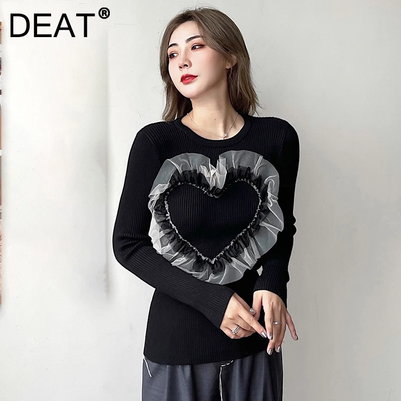 

Женский трикотажный пуловер DEAT, Черный Повседневный тонкий пуловер составного кроя с круглым вырезом, модель 7I3620 на осень и зиму, 2021