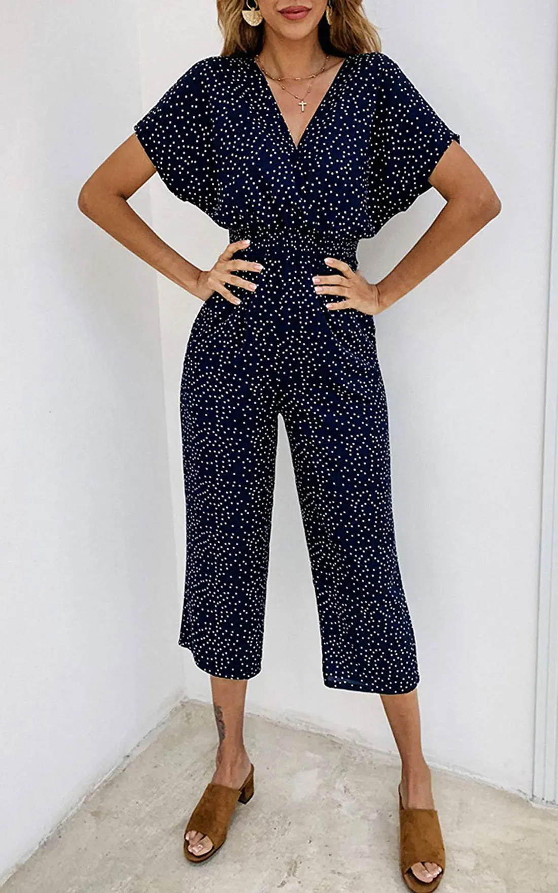 Женский цельный комбинезон в горошек повседневный с V-образным вырезом высокой