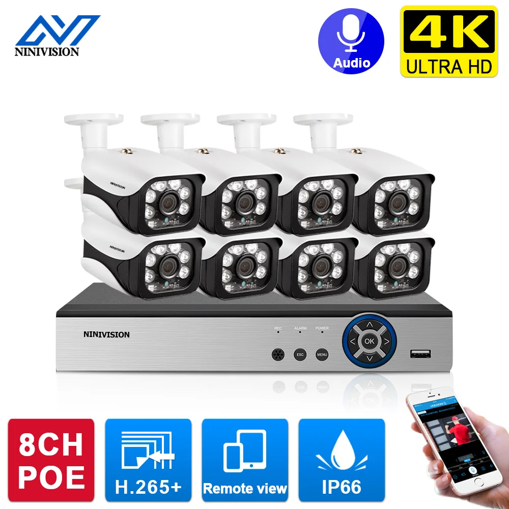 

NINIVISION Ultra HD 4K 8CH Video Surveillance Kit 4K CCTV Camera Security System H.265 Bullet Audio Record Poe IP Camera NVR Set