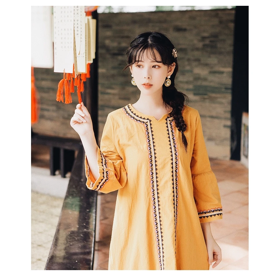 

2020Summer Vintage Yellow Maxi Sleeve Loose Nomadic Travel Dress Bohemian Round Neck Floral Long Vestidos Casual Women's Clothes