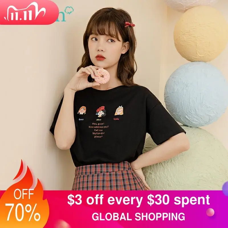 INMAN Funny Pretty Girl Cute Kawaii T-Shirt Black Sweet Style Beaded Three Cute Lady Pattern With Letter Embroidery Cotton Tops