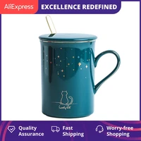 cat starry sky ceramics mug with spoon lidvintage porcelain mugflower tea cup coffee cupwater milk coffee drinkware gift