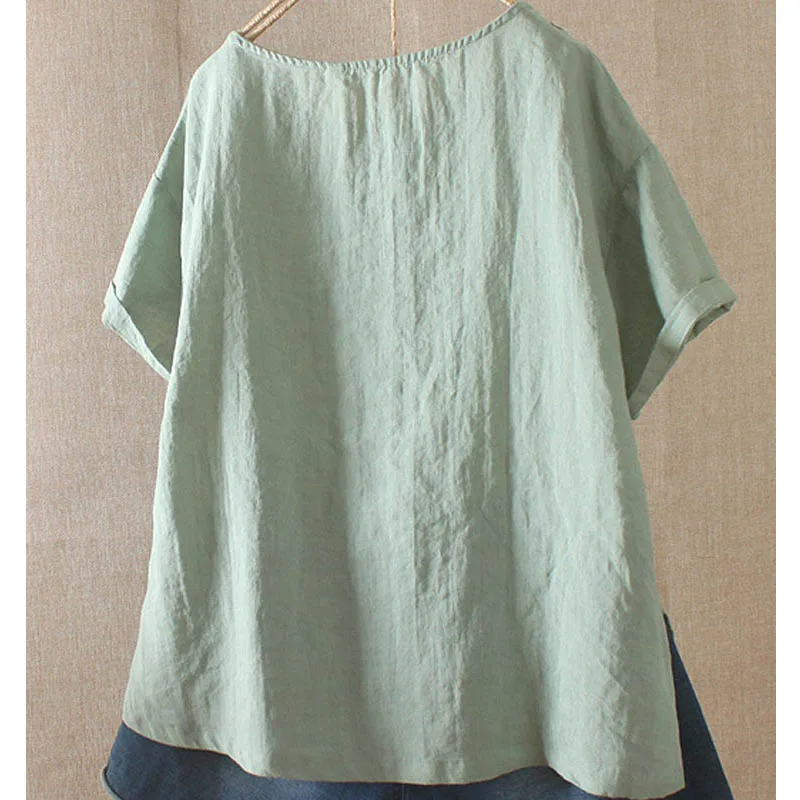 

2021 New Women Vintage Embroidery Blouse Shirt Linen O Neck Summer Short Sleeve Breathable Enthic Tops Tee Harajuku