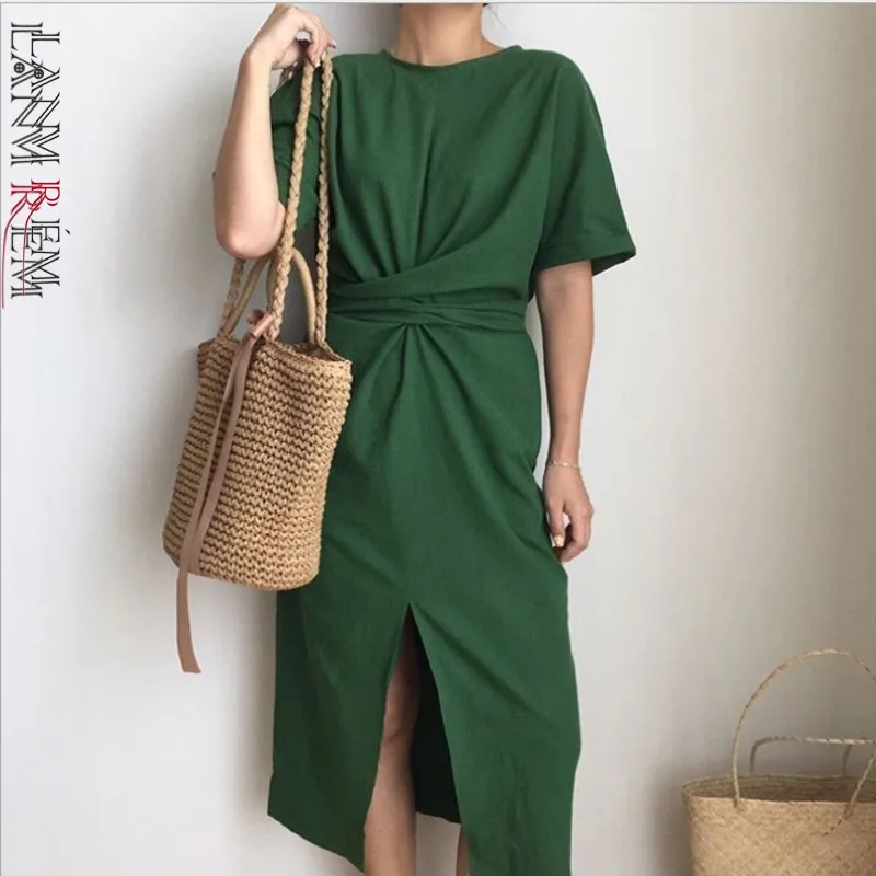 LANMREM 2021 летнее Новое однотонное свободное винтажное женское платье с круглой