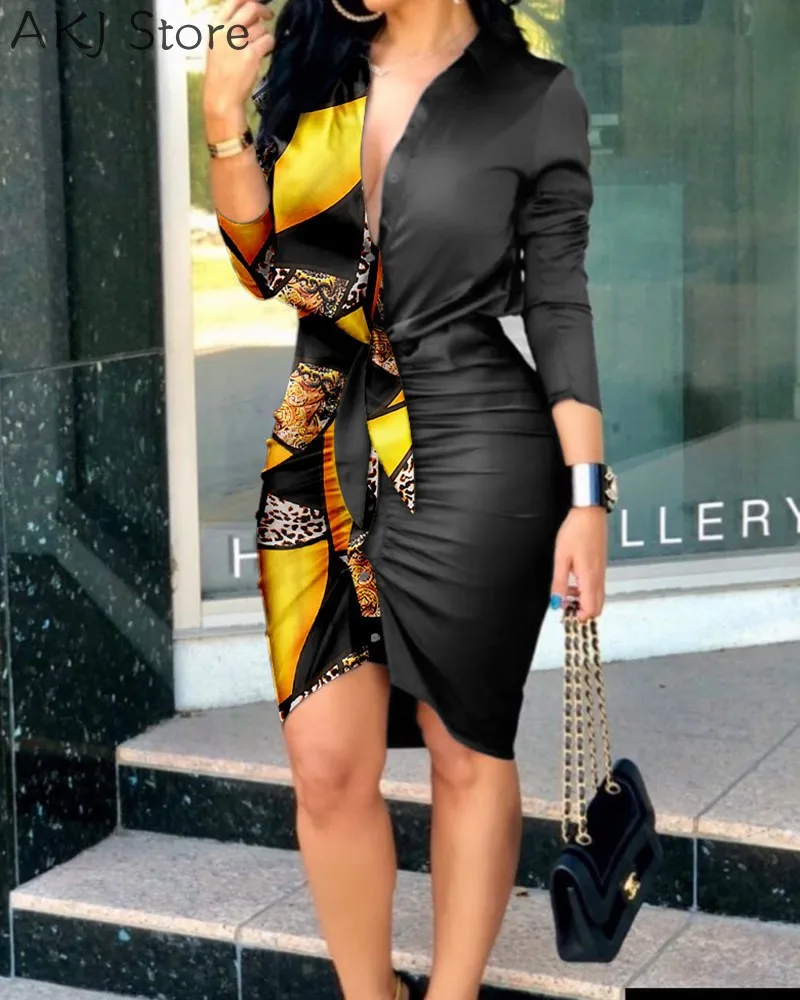 

Women Lace-up Solid Color Long Sleeve Button Design Shirt Dress