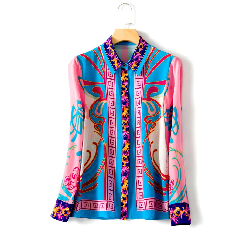 Рубашка с принтом красного и синего цвета Элегантный Приталенный топ длинными