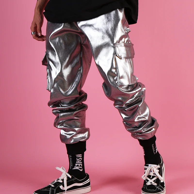 Men Casual Leather Harem Pant Male Streetwear Hip Hop Punk Silver Multi Pocket Cargo Trouser Stage Clothes DJ Singer | Мужская одежда