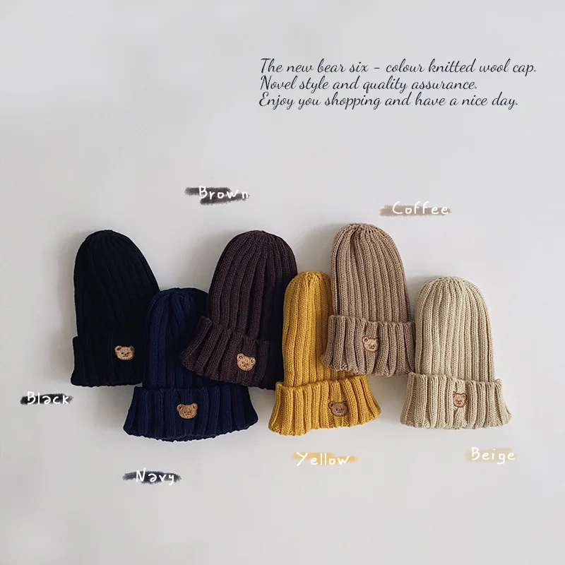 2021 Autumn Kids Hat Candy Color Boys Knit Hat Girls Bear Head Embroidery Kids Hat