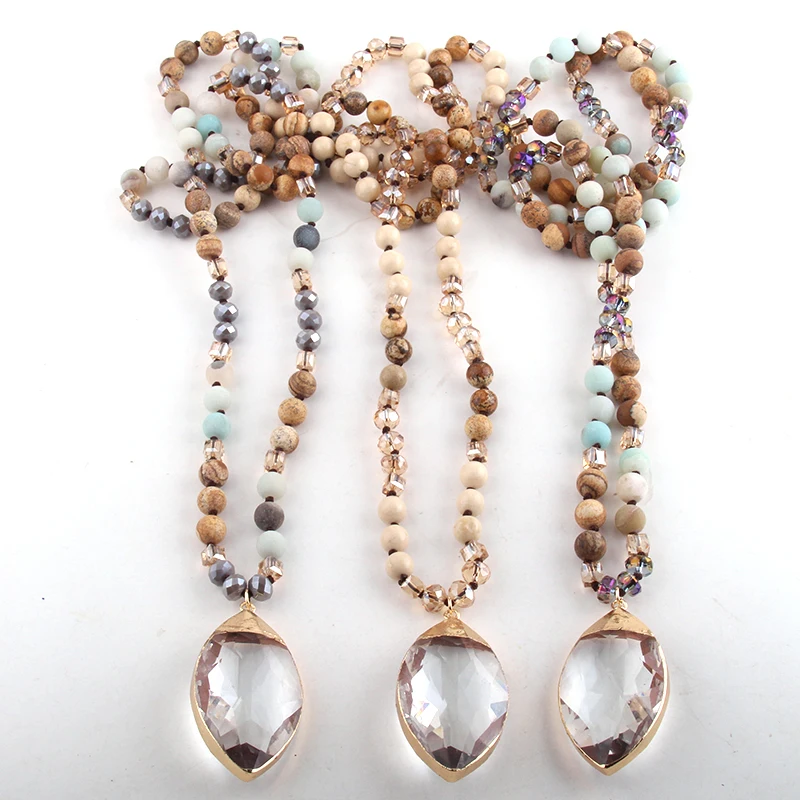 Длинное женское ожерелье RH из бисера с кристаллами натуральных камней|Ожерелья