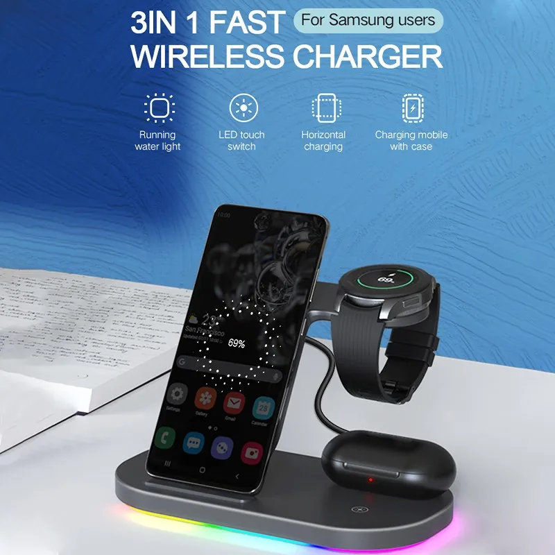 

3 in 1 Wireless Chargers Stand 15W Fast Charging for Samsung Galaxy S21/S20/S10/S9 Watch 3/Gear S3/LTE/BT Active 2 Buds Pro Live