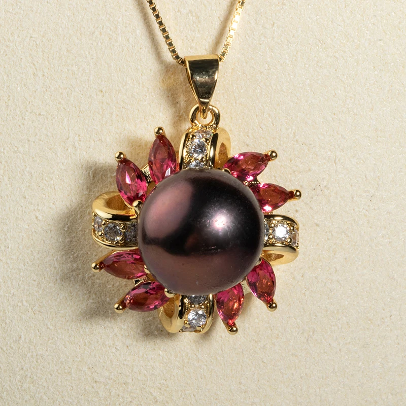 

18INCH Golden Necklace 12.8mm Dark Cultured Pearl Pendant Red Synthetic Zircon
