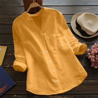 summer womens plain color cotton linen patchwork open breasted single breasted long sleeved loose large casual shirt
