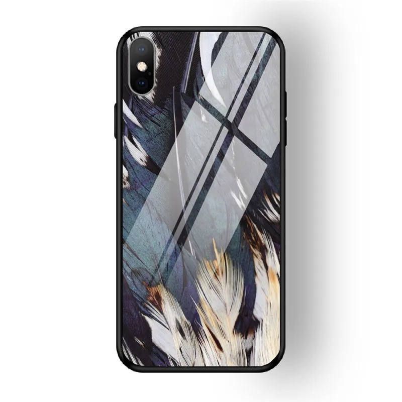 10 Чехол для iPhone X XS MAX XR для 6 6S 7 8 PLUS чехол из закаленного стекла с перьями красный желтый задняя чехол для iPhone 5 5S SE Funda - Цвет: 10