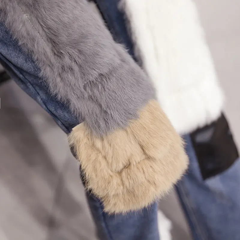 

Plus Velvet Thick Women High Waist Jeans Autumn Winter Rabbit Fur Stitching Straight Jeans Femme Denim Pants Winter Jeans C5947