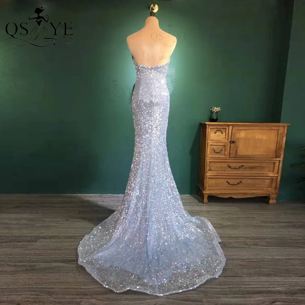 QSYYE High Quality Blue Sequin Mermaid Prom Dress Long Shiny Evening Dress Glitter Crumpled Fans Party Dress Open Back