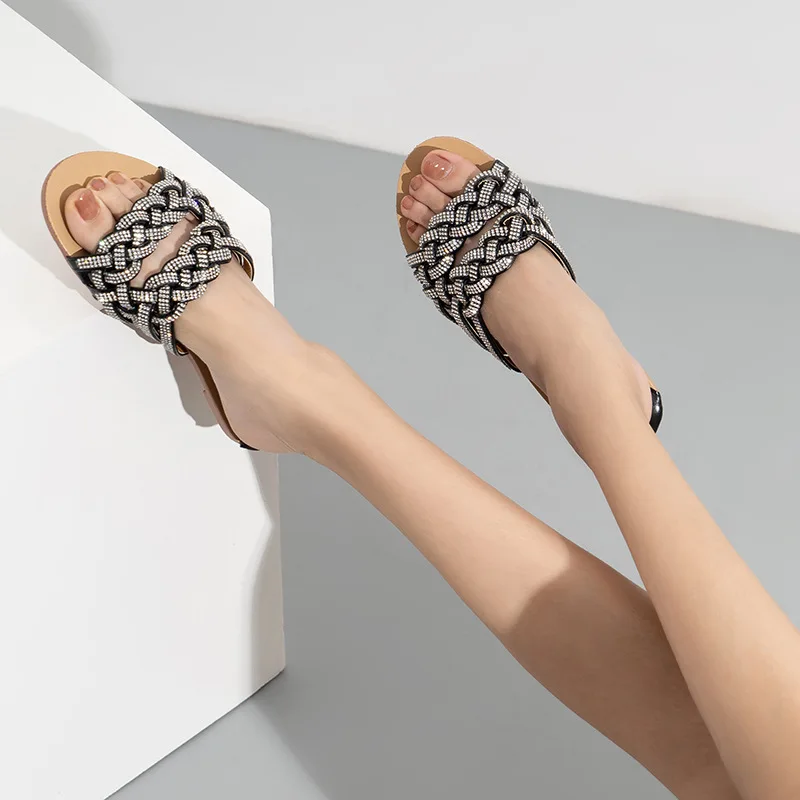 

Women's Shining Rhinestone Woven Outside Beach Slippers Summer Ladies Shoes Casual Flat Sandals Fashion Female Slides