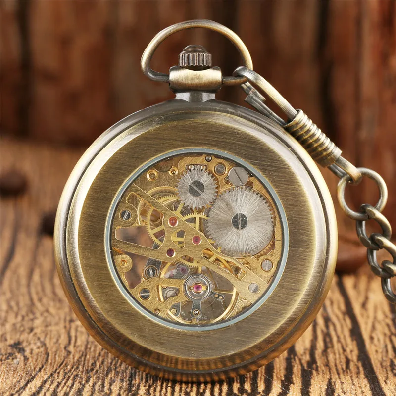 Bronze Antique Watches Men Women Mechanical Hand Winding Skeleton Pocket Watch Roman Number Fob Chain Clock Relogio De Bolso