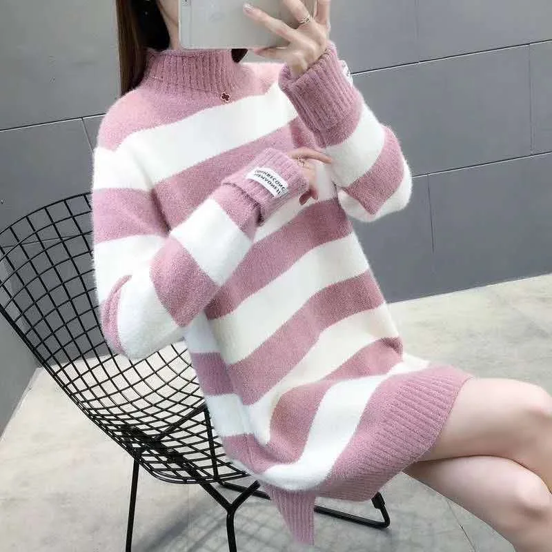 

2021 Autumn And Winter New Plus Fat Plus Size Women's Lazy High-Necked Striped Stitching Thickening Comfortable Warm Sweater
