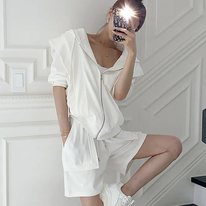 Корейский шикарный простой пиджак с капюшоном свободная куртка коротким рукавом