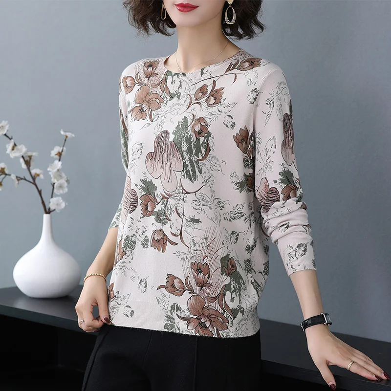 

Sweaters Women O neck Long sleeve Keep warm Pullover 2019 Autumn Winter New fashion flower pattern Printed sweater Women
