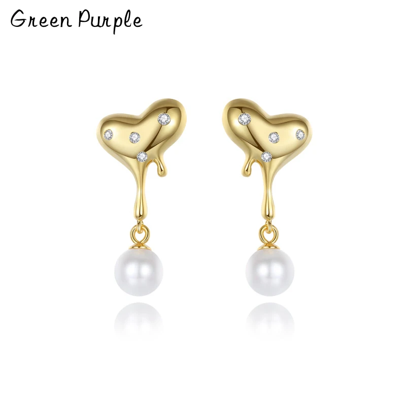 

Green Purple 100% Solid 925 Silver Natural Pearl Stud Earring Heart Design Zircon Earring For Women Engagement Gift Fine Jewelry