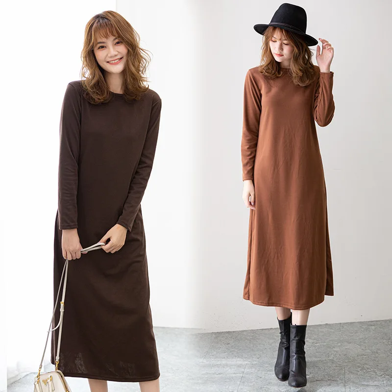 

Осень 2020, Новое Стильное облегающее корейское длинное платье с круглым вырезом и длинным рукавом, повседневное модное однотонное женское платье
