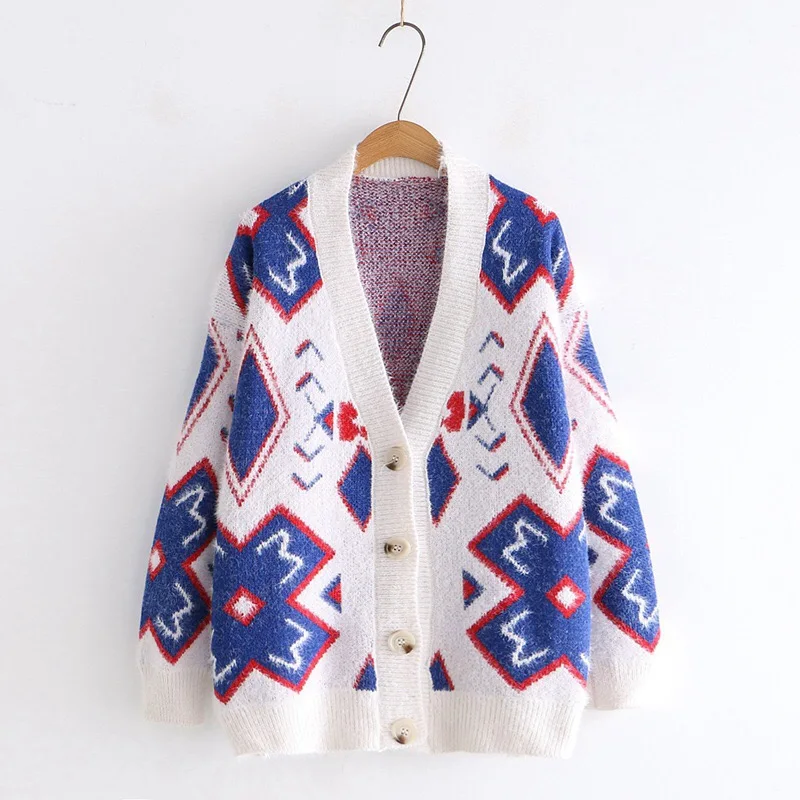 kawaii cute geometric pattern v-neck single breasted mohair sweet Cardigan sweater |