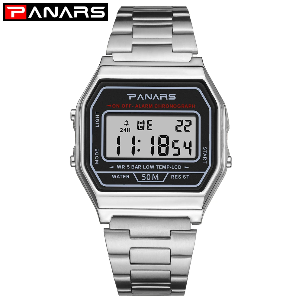 Silver PANARS популярные мужские цифровые спортивные часы Мужские Женские часы из нержавеющей стали военные водонепроницаемые наручные часы Роскошные электронные часы - Цвет: Silver