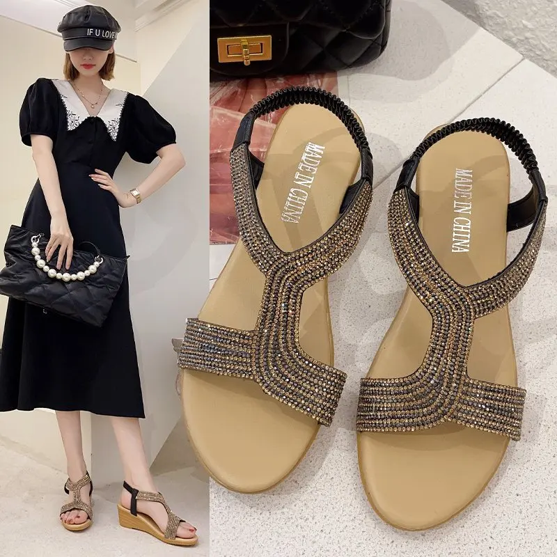 

Women's Sandals Popular Summer New Fairy Style Flat Casual Online Influencer Refined Rhinestone Wedge