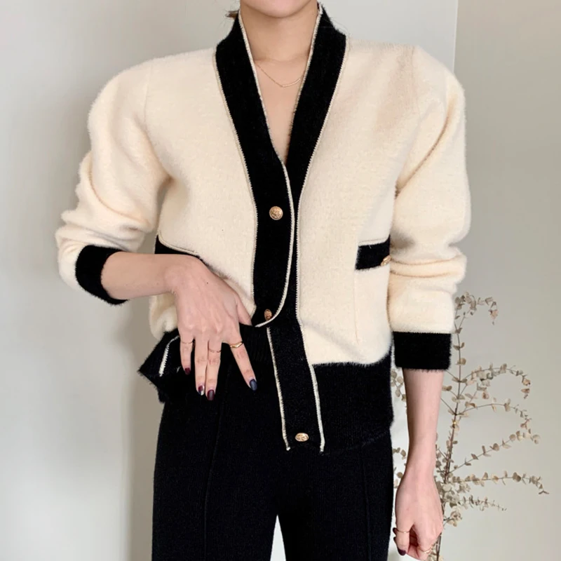 

Korean Chic Retro V-Neck Hit Color Button Decoration Thick Warm Plush Loose Knit Sweater Coat Women