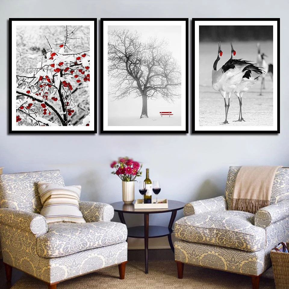 

Canvas Painting Wall Art Heavy Snow Pressure Tree Red-crowned Crane Plum Blossom Landscape Poster Print Living Room Decoration