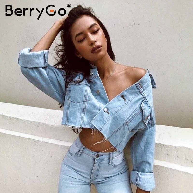 BerryGo Fashion ripped denim jackets women Casual pockets autumn winter jeans jacket coats Vintage streetwear short outerwears