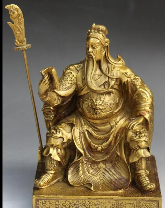 

11" Chinese Bronze seat Dragon Robe Guan Gong Yu Warrior God knight statue R0707 B0403